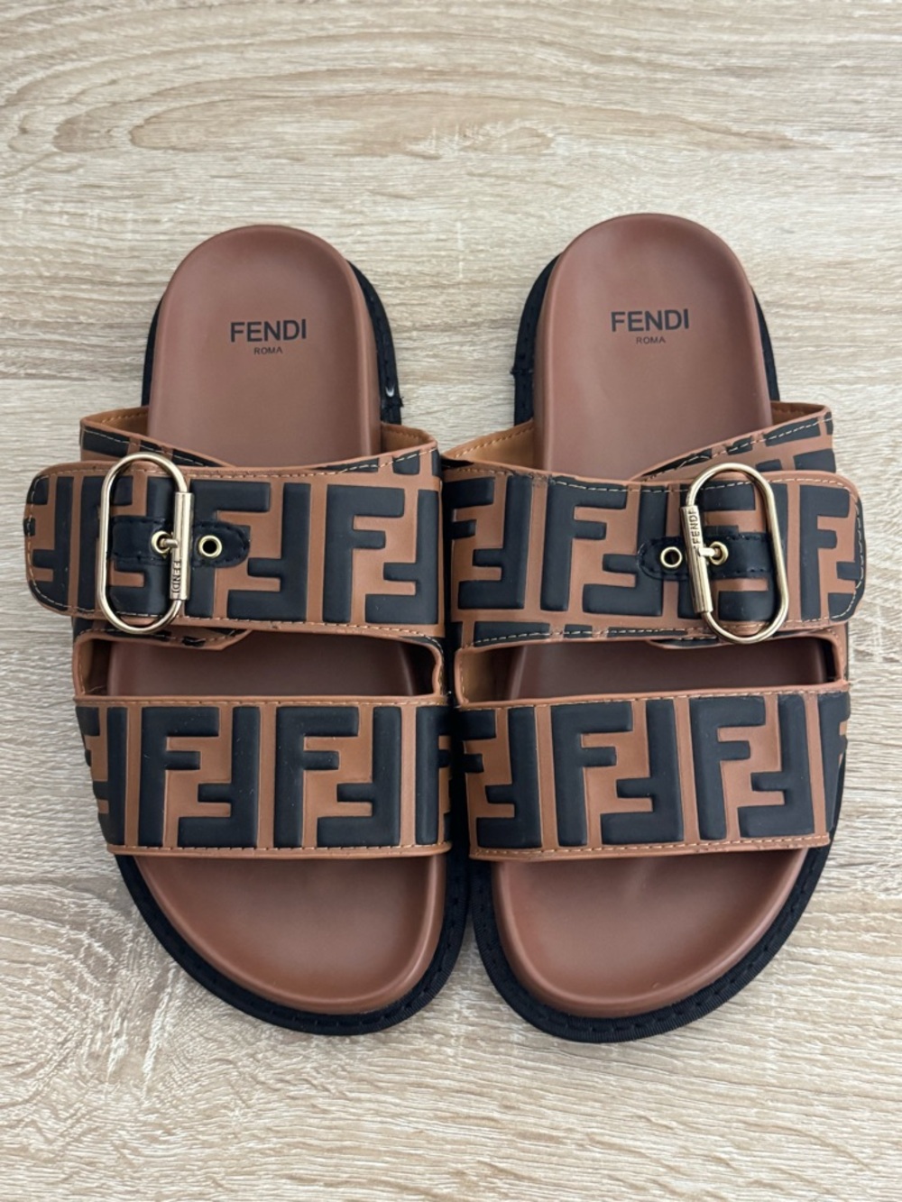 Fendi FF Logo Buckle Slide Sandals Brown Black Size 7.5
